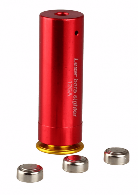12 GA Cartridge Laser BoreSighter showing batteries