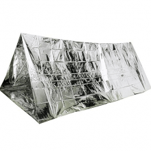 Silver Mylar Single Use Waterproof Rescue Thermal Blanket as a tent demo