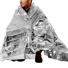 Silver Mylar Single Use Waterproof Rescue Thermal Blanket with model demo